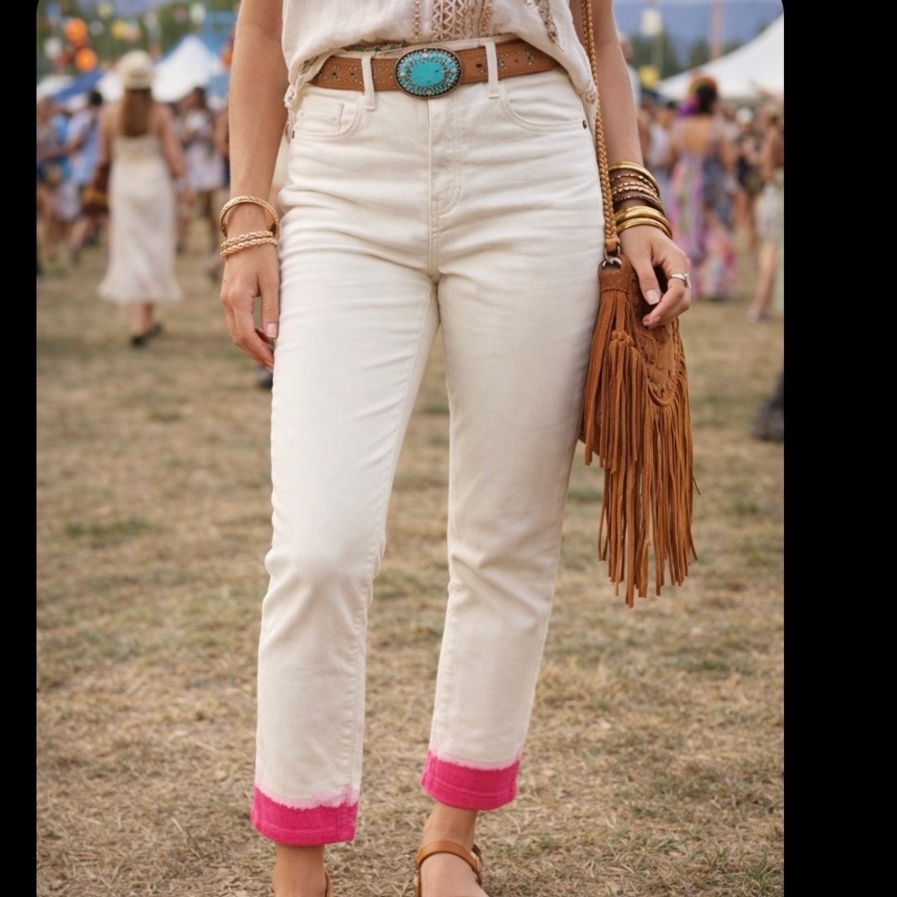 Pilcro and the Letterpress Stet Crop Jeans Cream Hot Pink Dip‎ Dye Size 28 NEW